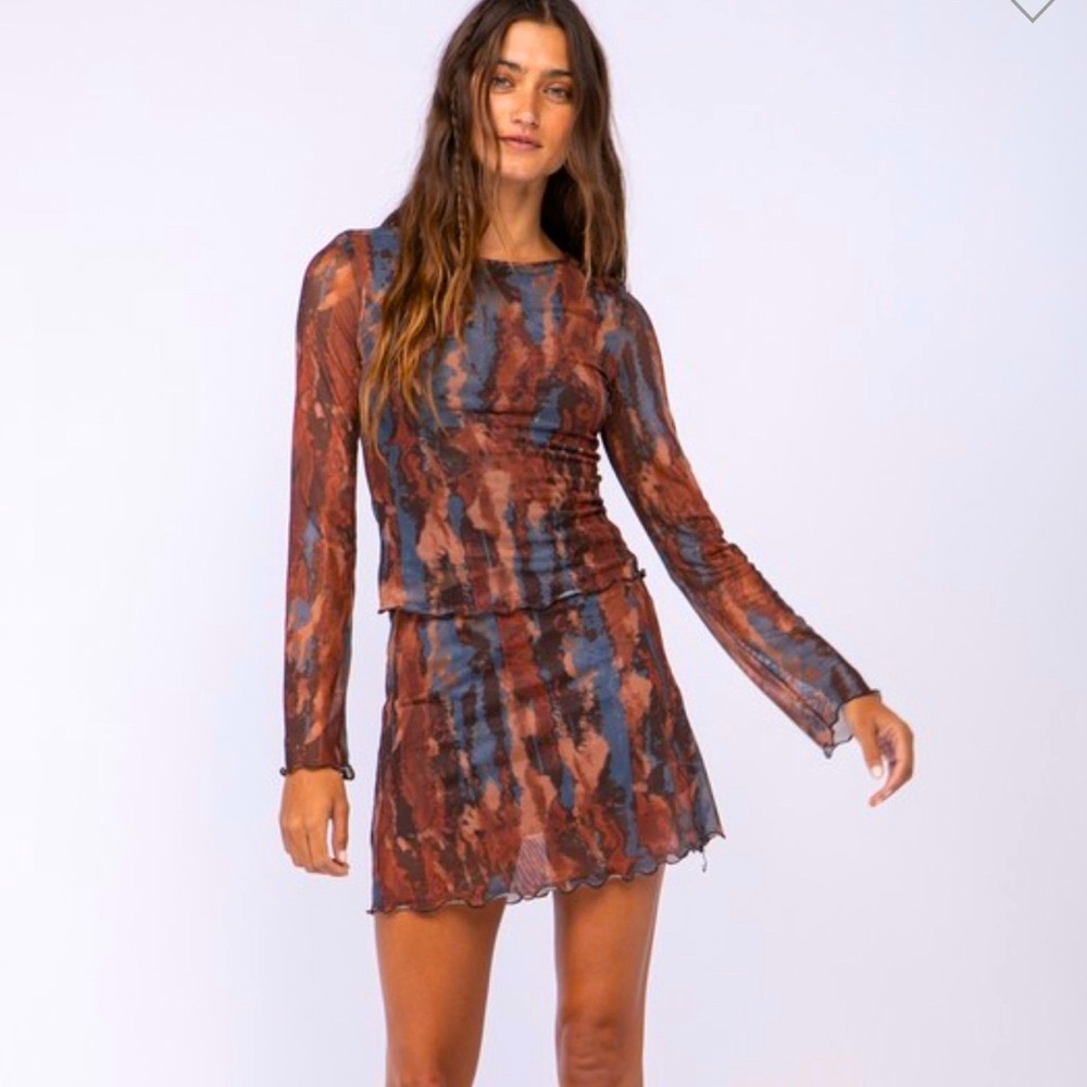 2 piece set, long sleeve top & lined skirt sheer ruffle